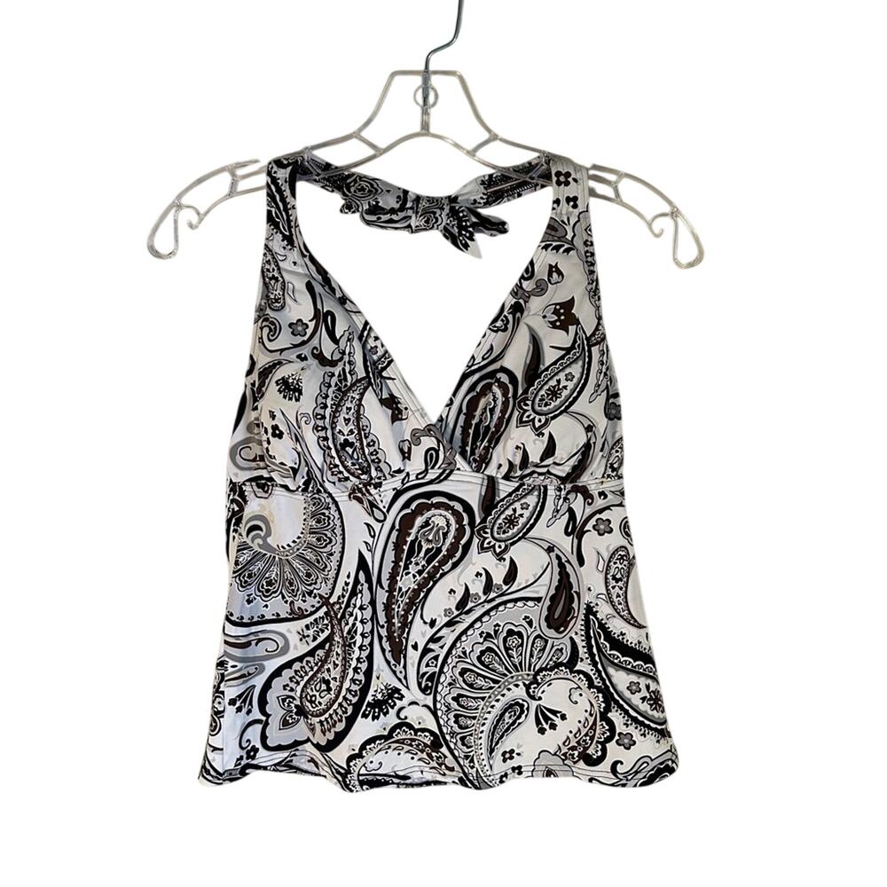 Lands End White Black Brown Paisley Halter V Neck Tankini Swimsuit Top Size 8